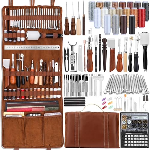 TLKKUE Leder-Werkzeugset, Lederhandwerkswerkzeuge, Lederarbeitsset mit benutzerdefinierten Handtaschen-Schneidematten zum Gravieren, Stanzen, Nähen, Stempeln, Schleifwerkzeuge, Lederwerkzeuge für