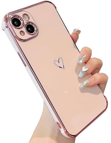 ZTOFERA Compatible with iPhone 15 Plus (6.7) Case for Girls Women, Flexible Silicone Protective Phone Case with Cute Love Heart Pattern Gold Edging Shockproof Bumper Cover, Pink