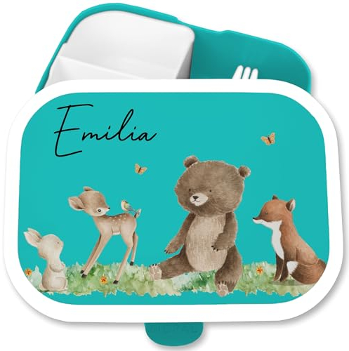 Kinder Campus für Mepal - Waldtiere Brotdose Tiere Wald Tier Hase I Reh I Bär I Fuchs - 750 ml - Türkis - waldtier kita tieren name frühstücksbox blau rehkitz lunchbox und kaninchen