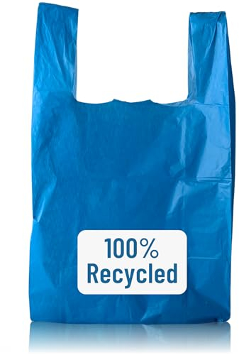 PWgoods 100% Recycled Plastic Carrier Bags - Blue, Large 11 x 17 x 21, Medium Duty 18mu, 200 Pack, Easy Tie Handles, Takeaway Shopping Retail Grocery Bin