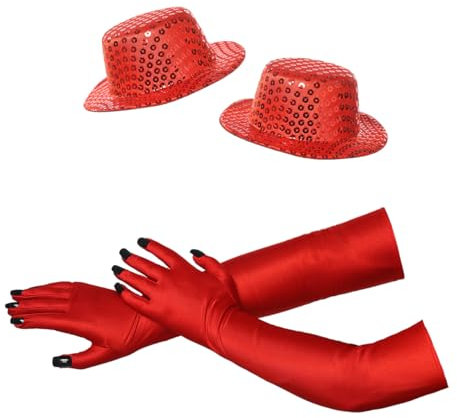 BPURB Pack of 4 Halloween Costume Cosplay Red Sequins Mini Top Hat Headband and Elbow Length Gloves with Black Nails, red, One size