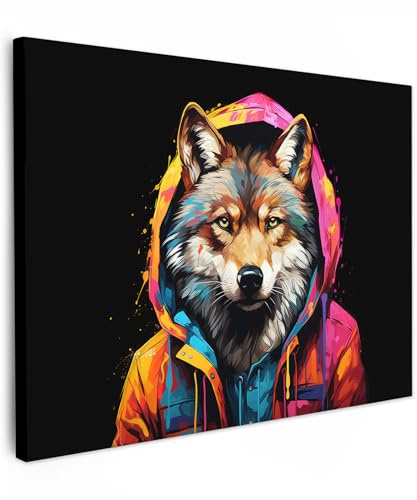 MuchoWow© Cuadros Salon Modernos Adornos Pared Decorativos Dormitorio | 80x60 cm - Lienzo Pinturas Quadro Decoración Graffiti - Lobo - Animales - Neón - Arte callejero