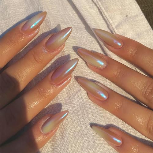JUSTOTRY 24 Pcs Chrome Almond Short False Nails,mirror Pink Solid Press on Nails Pattern,Glossy Fake Nails Short,Oval French Medium Stick on Nail for Women and Teens Nail Art