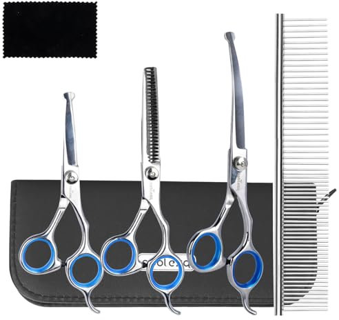 Nobleza 5-in-1 Professional Dog & Cat Grooming Kit with Straight and Curved Scissors, Thinning Shears, and Comb