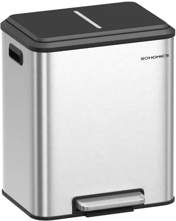SONGMICS Kitchen Bin, 2 x 4 Gal. (2 x 15 L) Double Bin for Recycling and Waste, Rubbish Bin, Inner Buckets, Steel, Soft-Close Lid, Wide Sturdy Pedal, Metallic Silver LTB544E01