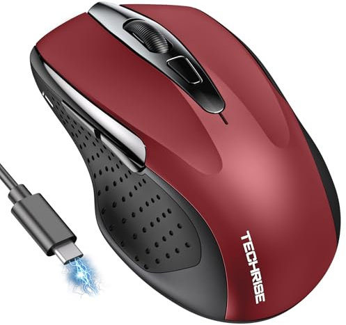 TechRise Bluetooth Maus, 2.4G Maus Kabellos (BT 5.0/3.0 + 2.4G), 4800 DPI Wiederaufladbare Ergonomische Mouse mit USB-A Empfänger, 6 Stufen DPI Stille Funkmaus für Laptops, Computer, PC, Windows, Rot