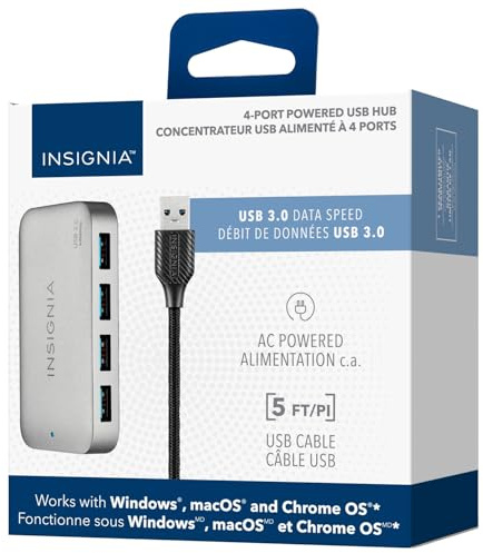 Insignia 4-Port USB 3.0 Hub with 5ft. Cable Power Supply, USB Splitter Expander for Laptop, Xbox, Flash Drive, HDD, Console, Printer, Camera, Keyborad, Mouse, MacBook, Surface, PC