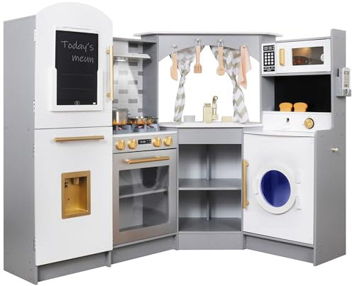 Large Wooden Corner Play Kitchen Sets with Ice Maker,Water Dispenser,Bread Maker,Washing Machine,Electronic Display,Toy Sink with Running Water,Stove with Light&Sounds, Birthday Gift for 3+