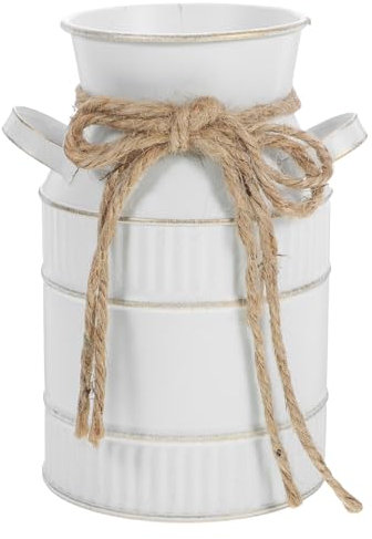 Amosfun Jarra de Leche Vintage Shabby Chic de Metal Blanca con Asa - 10.3 x 19 cm - Florero Rústico Galvanizado para Decoración del Hogar, Bodas y Plantas de Jardín
