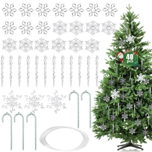 Decorazioni per Alberi di Natale 40 Pezzi,Acrilico Ciondoli Decorazione Albero di Natale,Decorazioni di Fiocchi di Neve Acrilico,Ghiaccioli Ornamenti di Albero di Natale