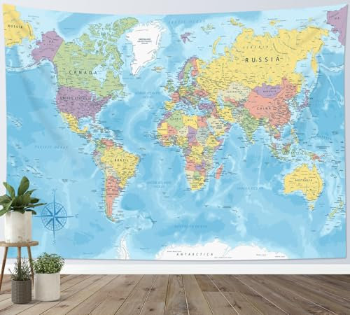 LB Wandteppich Blaue Weltkarte Wandtuch für Kinder Klassenzimmer Karte der Welt Wandbehang Asien Europa Amerika Afrika Ozean Tapisserie für Wohnzimmer Schlafzimmer Wohnheim Wanddeko,150x130cm