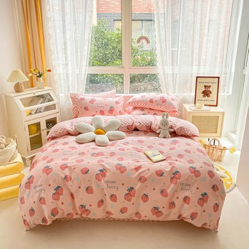 Tospass Rosa Erdbeeren Bettwäsche 135x200 cm Mädchen - Sicherer und Kuscheliger Bettwäsche Set aus Microfaser Bettbezug mit Reißverschluss und 1 Kissenbezug 80x80 cm