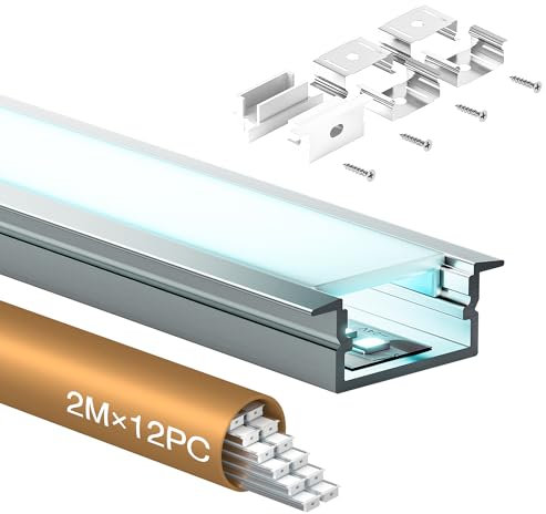 Shine Plus LED Profil U-Form 2 m x 12 Stück, Schiene aus eloxiertem Aluminium, kanal für Streifen bis 17mm, diffusor für gleichmäßige Lichtverteilung (12 x 2m)