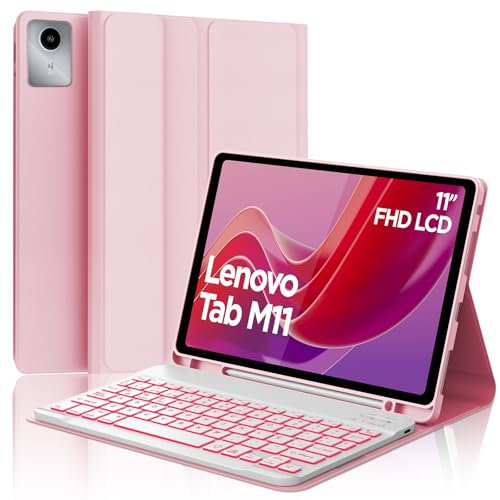 IVEOPPE Funda con Teclado Lenovo Tab M11, Capa Teclado Español Ñ Desmontable Retroiluminados Bluetooth para Lenovo Tab M11 TB330FU/ TB330XU 2024 11, Rosa