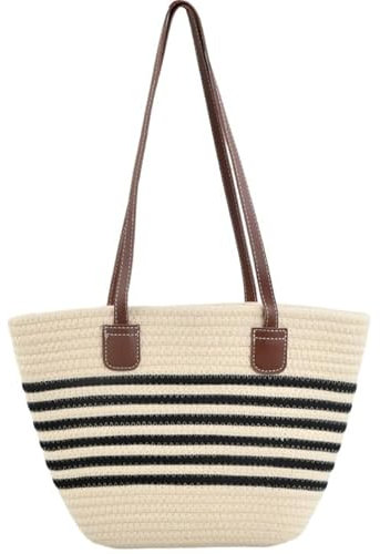 Anseom Straw Beach Bag for Women Summer Woven Bag Striped Shoulder Handbag Large Boho Tote Bag for Holiday Travel Shopping