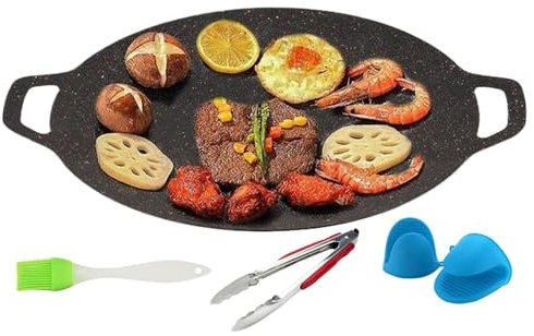 JIEBWCHA Grillpfanne, Korean Grill Pan - Gusseisen runde Grillpfanne Teller - Grillutensilien mit Griffen für Home Outdoor Camping Innenversammlungen