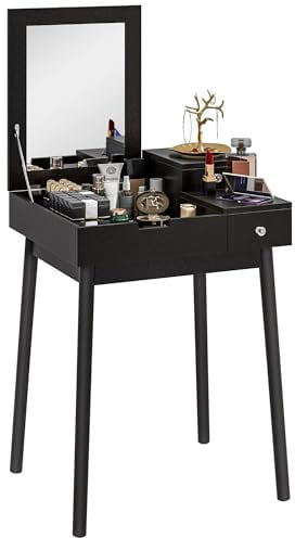 HOMCOM Dressing Table with Flip-up Mirror, Makeup Desk with 2 Drawers and Pine Wood Legs, Vanity Table Writing Desk for Bedroom Living Room, Black