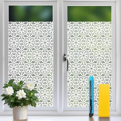 Niviy Fensterfolie Blickdicht Blumen Motiv Fenster Dekofolie Privatsphäre Statisch haftenden Glasaufkleber Ohne Klebstoff Milchglasfolie für Badezimmer, Küche,Büro 30 x 200 cm