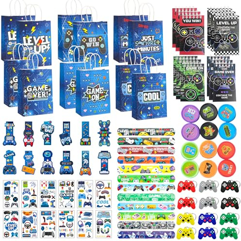 FACLJSSX Video Game Party Bag Fillers, Gaming Party Favours, Gift Bags Tattoos Stickers Keychain Notebooks Bookmark Slap Bracelet for Birthday Party Decorations Supplies