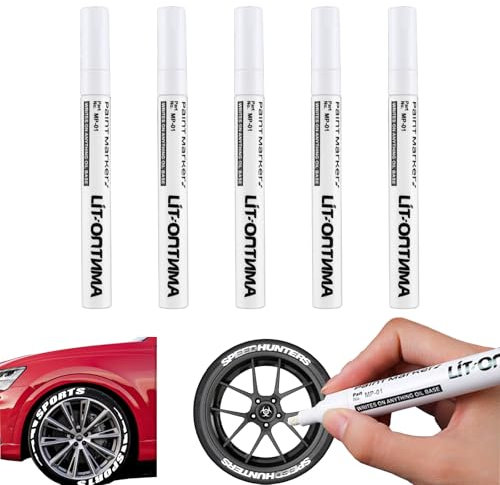 Nurila 5 Stück Reifenstift Weis Wasserfest, Lackstift Weiß, Reifen Stift Weiß Wasserfest, Reifenmarker für Auto, Motorrad, Steine, Felsmalerei, Keramik, Glas, Holz, Stoff, Metall, Reifen Stift