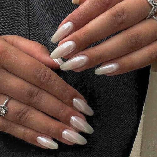 Almond False Nails - 24pcs Aurora White Press on Nails French Tip - Chrome Fake Nails with Glue in 12 Sizes - Reusable Full Cover Stiletto Stick on nails for Women Girls