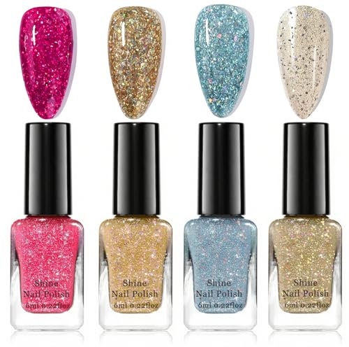 Glitter Nail Polish - Nail Polish Set - Quick Dry Nail Varnish Sets - Red Blue Silver Gold Shimmering Polish - High Glossy Sparkle Diamond Nail Varnish 7 Days Lasting No Need Cure