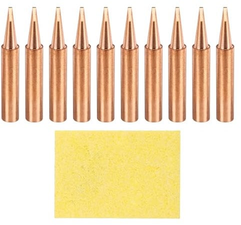 sourcing map 10 Pcs 900M Soldering Iron Tips Copper Non-Magnetic Welding Head with Cleaning Sponge Pad Replacement for Solder Station Tip (900M-T-1.2D)
