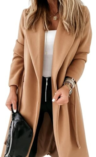 Cicy Bell Klassischer Damen-Mantel mit Reverskragen, vorne offen, mit Gürtel, lange Jacke
