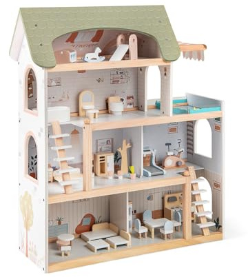 COSTWAY Casa delle Bambole in Legno, Casa Bambole con 4 Piani, 6 Stanze, Terrazza, Piscina e Scale, Casetta Giocattolo Educativo con 33 Mobili Accessori, per Bambini 3+ Anni, 63 x 25 x 78 cm