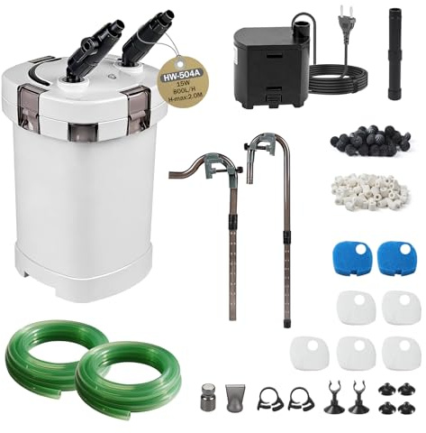 EXLECO Filtro Esterno Acquario 800L/H 15W, Pompa Filtro Acquari Regolabile, Filtrazione a 3 Stadi Filtri Acquario Esterni con Materiale Filtrante e Tubo Aria per Acquari Fino a 300 Litri HW-504A