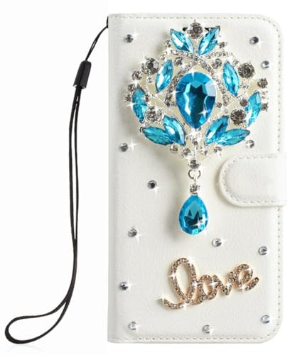 Handyhüllen für Samsung Galaxy M36 Glitzer Hülle Weiß PU Wallet Flip Case Ledertasche Schutzhülle Glänzende Glitzer Bling 3D Blue Pendant Strass Diamant Hülle Bumper Handyhülle