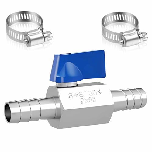 Wuhmhm 8mm Kugelhahn aus Edelstahl, Benzinhahn 8 mm mit 2 Stück Schlauchklemmen, Pagodengelenk Kugelabsperrhahn für Wasser, Gas, Öl, Kraftstoff, Garten Armatur