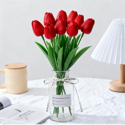 Probuk 10 Stück Rote Künstliche Tulpen Strauß - Symbol für Leidenschaft & Liebe, Kunstblumen Deko für Valentinstag, Romantische Abende, Hochzeit & Zuhause