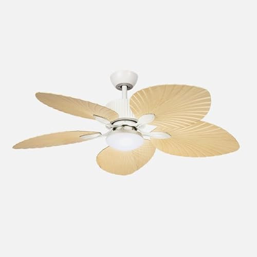 ABRILA - Ventilador DC Torcal 24W Blanco/Haya | 5 Aspas Diseño Hoja de Palma Tropical | 6 Velocidades | Luz Opcional LED 2880lm | Control Remoto con Memoria y Temporizador