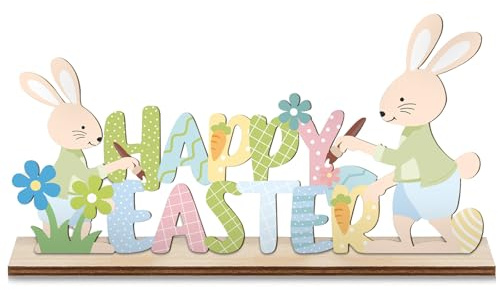 FOSDICK Decorazioni Pasquali da Tavolo in Legno, Pasqua Decorazioni Cartello per Supporto con Coniglietti Fiori Primavera, Coniglio Pasquale in Legno, Addobbi Pasquali per Casa, Studio, Feste Giardino