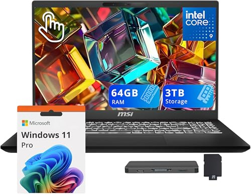 MSI Modern 15 H 15.6 FHD Touchscreen Laptop, Intel Core 9 270H, 64GB DDR4, 3TB Storage (2TB SSD+1TB Docking Station Set), Intel Graphics, Backlit Keyboard, 720p HD Webcam, Wi-Fi 6E, Win 11 Pro, Black