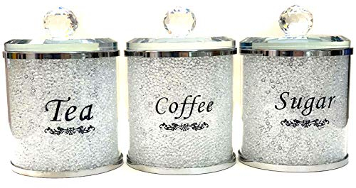 TOV® Diamond Crushed Tea Coffee Sugar CANISTERS Jars Storage Silver Trimmings Crystal Filled