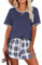 Ekouaer Shorty Pyjama Damen Schlafanzug Kurzer Schlafanzug Damen Rundhals Pajamas Set Pjs Sets Nachtwäsche Schlafhose Kariert, Navy Blue, M