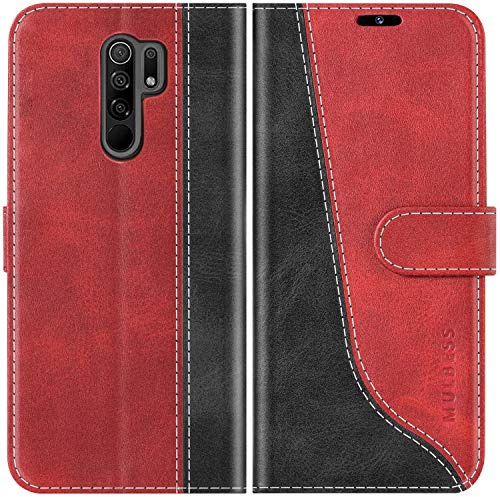 Mulbess Coque pour Xiaomi Redmi 9, Etui a Rabat, Housse en Cuir, Pochette de Protection Portefeuille, Élégant Vin Rouge