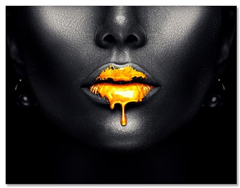 wandmotiv24 Leinwandbild Gold Collection, Querformat, Frau mit Goldener Farbe auf den Lippen M0167