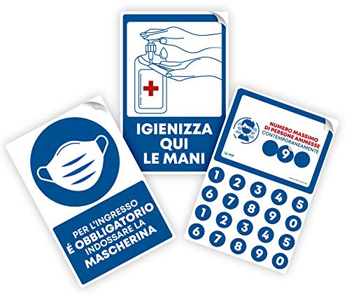 3 cartelli adesivi sicurezza ingresso blu 20x30 cm | messaggio chiaro, fissaggio senza colla residua, formato pratico per ingressi, vetrate, uffici e attività commerciali