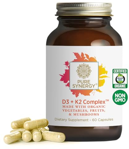 PURE SYNERGY D3 + K2 Complex | Vegan Vitamin D3 K2 Complex | Organic D3 Supplement with Vitamin K2 and K1 Plus Organic Whole Foods | Supports Bone, Brain, and Immune Health (60 Capsules)