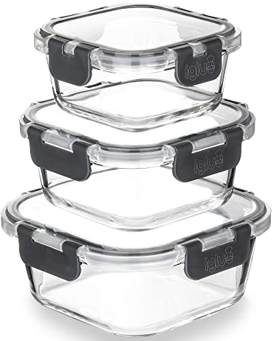 Igluu Meal Prep - Stapelbare quadratische Behälter aus Glas (3 Stück) – BPA-freie auslaufsicherer, luftdichter Klappdeckel. Mikrowellen-, ofen- und spülmaschinengeeignet (800 ml, 520 ml, 320 ml)