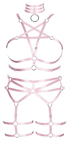 PETMHS Damen Plus Size Body Harness BHS Strumpfhalter Dessous Punk Korsett Brust Körper Geschirr Aushöhlen Fesseln Bustiers Korsagen Goth Rave Mode Accessoires (Rosa)