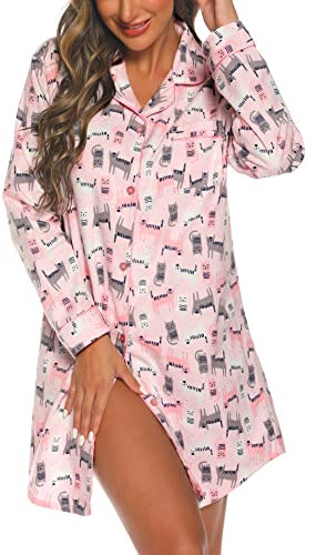 ENJOYNIGHT Damen Flanell Nachthemd Langarm Schlafshirt Knopfleiste Nachtwäsche Kurz S-XXL(XX-Large,Katze)