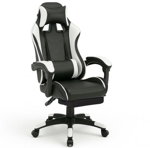 BAKAJI Sedia Poltrona Gaming Scrivana Ufficio Casa in Ecopelle Schienale Reclinabile Cuscino Lombare Poggiatesta Rotazione 360 Gradi Direzionale Altezza Regolabile 5 Ruote con Poggiapiedi (Bianco)