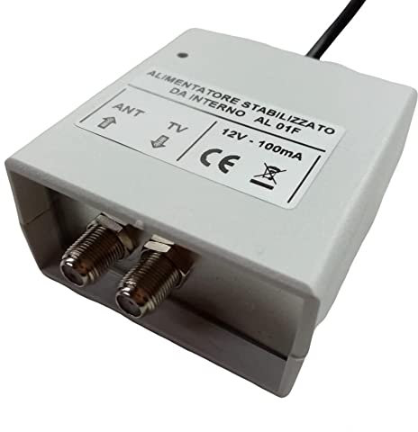 Vsnetwork Alimentatore per amplificatore antenna tv da palo, 1 uscita, 12V 100 mA, connettore F, protezione cortocircuito