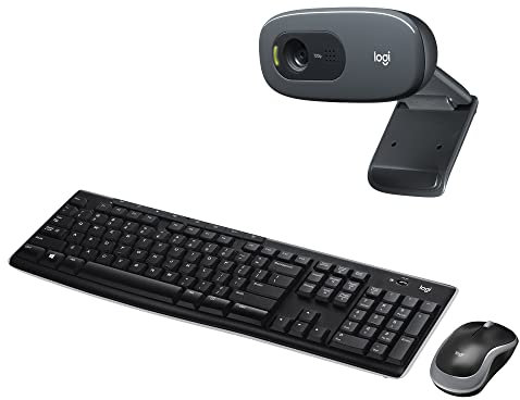 Logitech C270 Webcam HD Con Correzione Automatica Luminosità, Microfono Riduzione del Rumore + Logitech MK270 Combo Tastiera e Mouse Wireless per Windows, Layout Italiano QWERTY - Nero