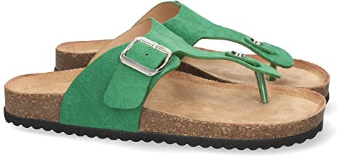 shoes&blues.es 63850-Sandalia Plana para Mujer, con Planta Bio muy Comoda, Estilo Esclava, y Detalle de Hebilla, Primavera Verano 2022. Talla 38 Verde