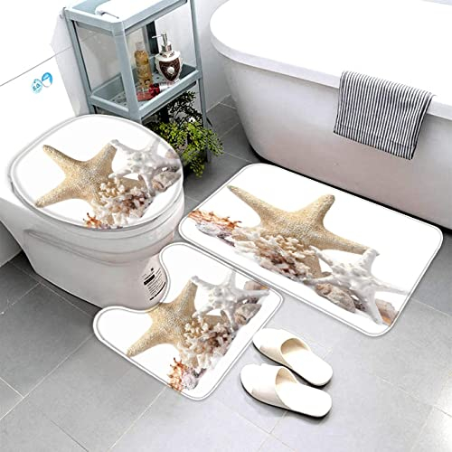 AOLIGL Badematte Seesterne Korallen und Muscheln Badematten Set rutschfest Waschbar Badgarnitur 3teilig - WC Deckelbezug U-förmigen Contour Badezimmerteppich Matte Flauschige Mikrofaser